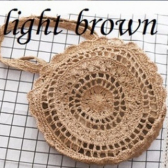 SALE Circle Handmade Crochet Shoulder Tote Bag Lined Zipper Light Brown Boho - Picture 3 of 13